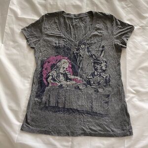 Out of Print Alice in Wonderland Tshirt Tee Womens Alice & White Rabbit XL Grey